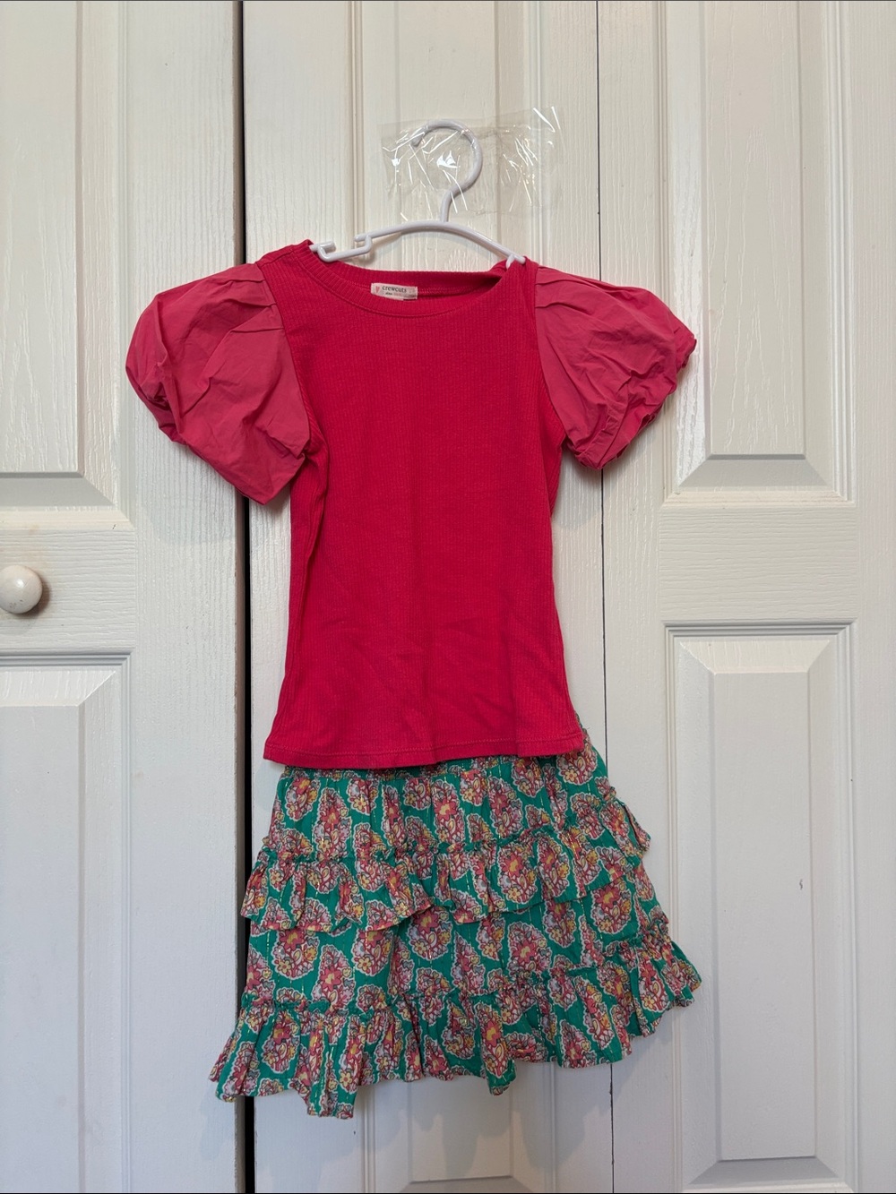 Mini Boden Pink Puff Sleeve Top and Green Floral Ruffle Skirt Set